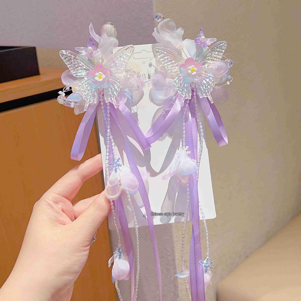 Ancient Style Hanfu Princess Butterfly Hair Clips with Long Ribbons - Children's Chinese Fairy Hair Accessories (Pair)