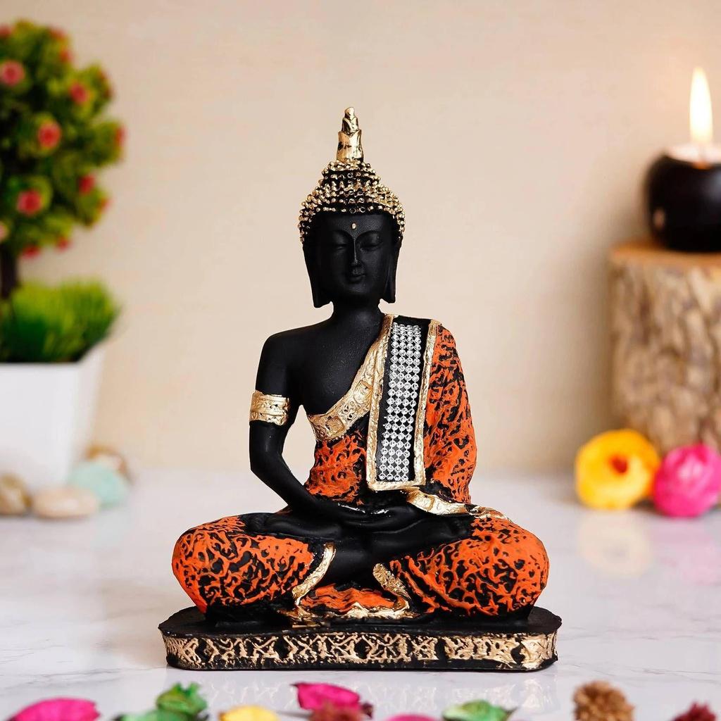 Meditating Buddha Statue For Home Decor Idol/Showpiece Decorative Showpiece - 17 Cm  (Polyresin, Orange)