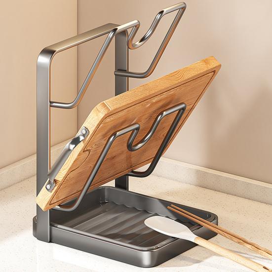 Pot Lid Holder with Drain Carbon Steel Utensils Pan U-Shaped Groove Design Kitchen Organizer Drip Tray