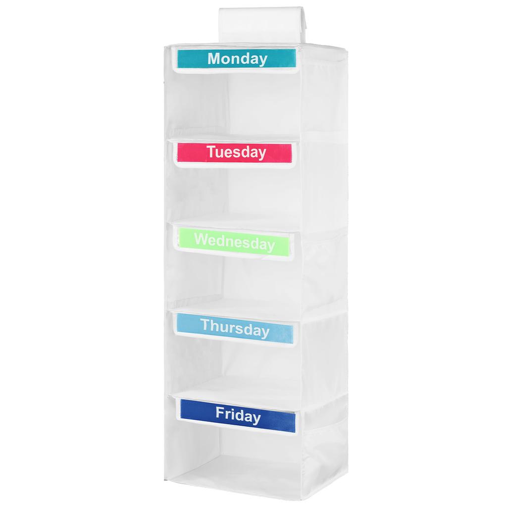 5-Shelf Weekly Clothes Organizer Kids Daily Shelf Hanging Closet Organizer Days of The Week Hanging Storage Shelves for Kids