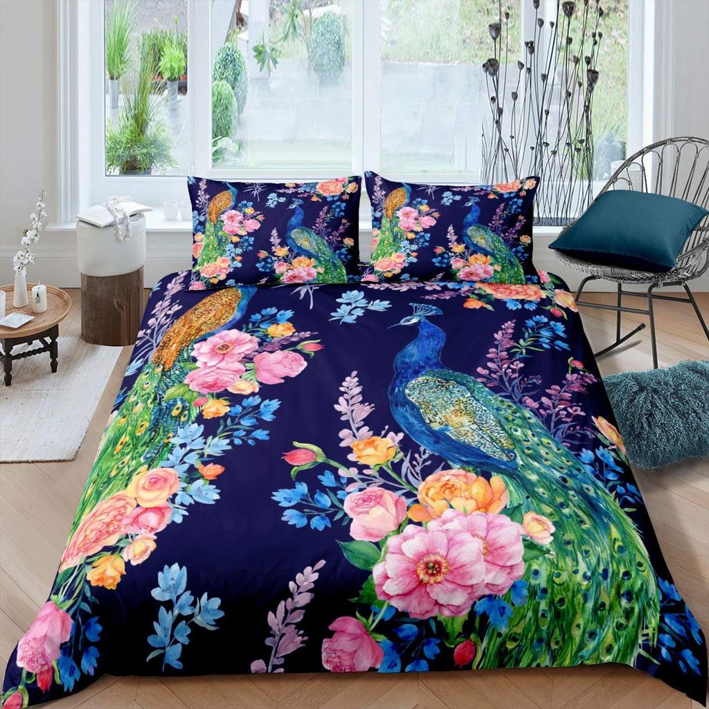 Peacock Duvet Cover Set King Size Floral Pattern Bedding Set Retro Peacock Feather Floral Theme Comforter Cover Luxury Quilt Set