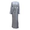 Autumn Spring Women Dress Bell Sleeves Round Neck Striped Pleated Solid Color Slim Fit Lace-up Strap Shirring Edge Prom Party Ma
