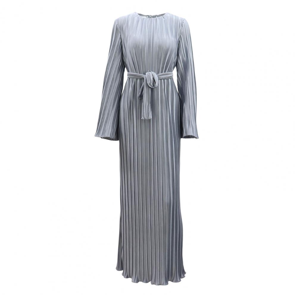 Autumn Spring Women Dress Bell Sleeves Round Neck Striped Pleated Solid Color Slim Fit Lace-up Strap Shirring Edge Prom Party Ma