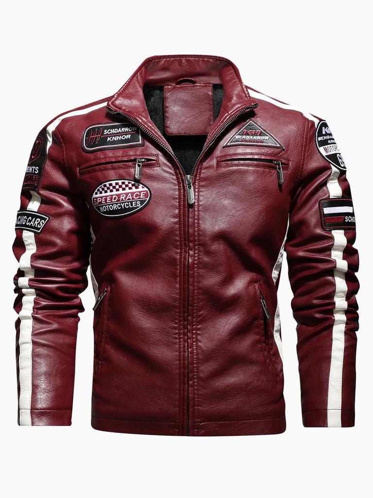 Men's Color Block PU Leather Jacket with Fleece Lining, Motorcycle Racing Style
