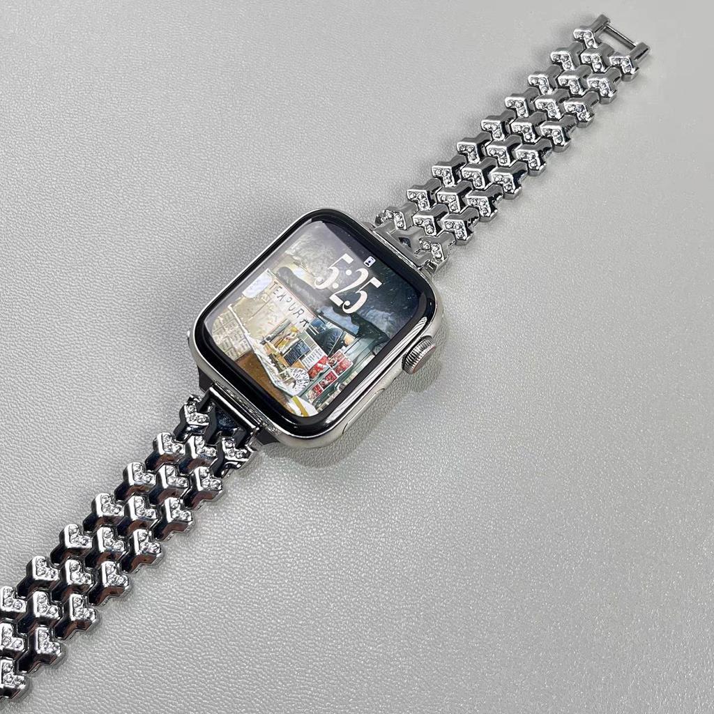 Apple Integrated Strap for Foreign Trade Apple Apple Mountain Pattern Armor Diamond Strap Metal Steel Strap 42mm-46mm