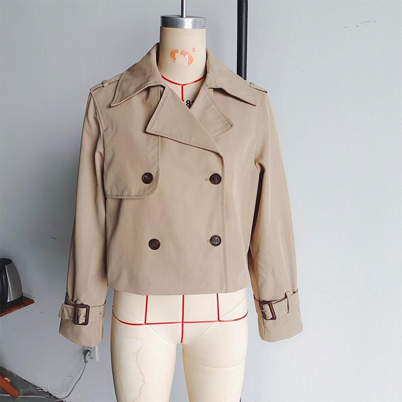 YENKYE Nieuwe Herfst Dames Effen Cropped Trenchcoat Vintage Dubbelrijig Lange Mouwen Korte Jas Reverskraag Windjack
