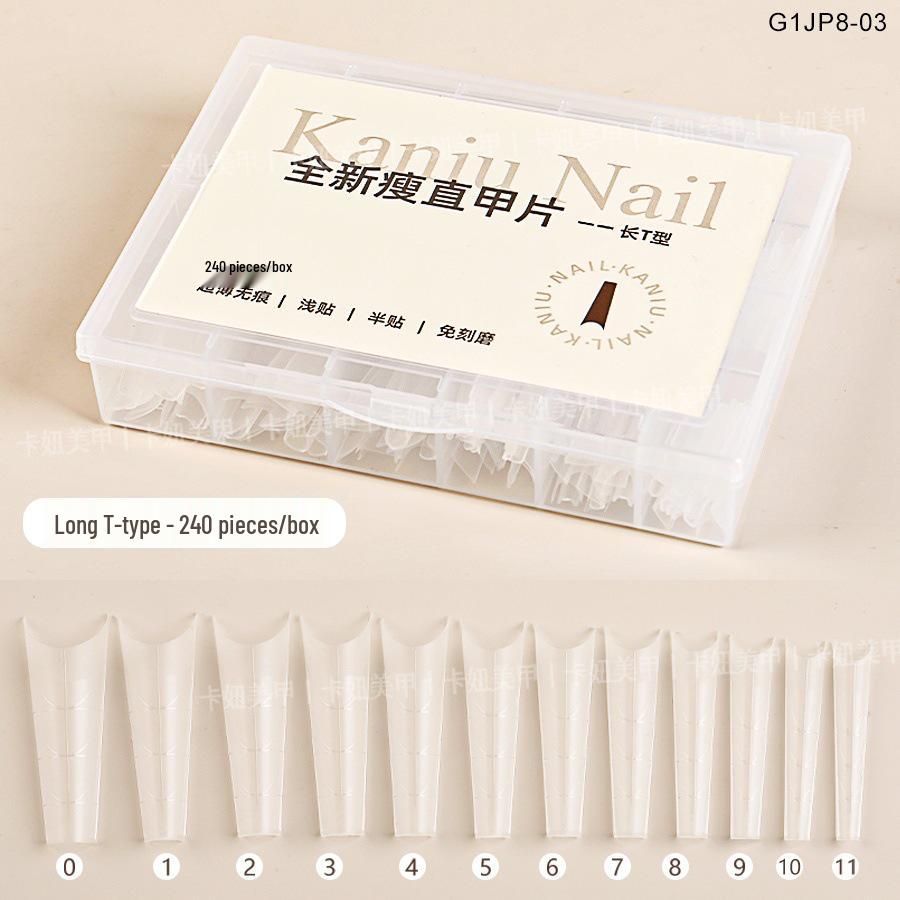 

Kaniu Long Oval T-Shape Nail Tips with Guide Lines – Shallow Half Cover, Slim & Straight