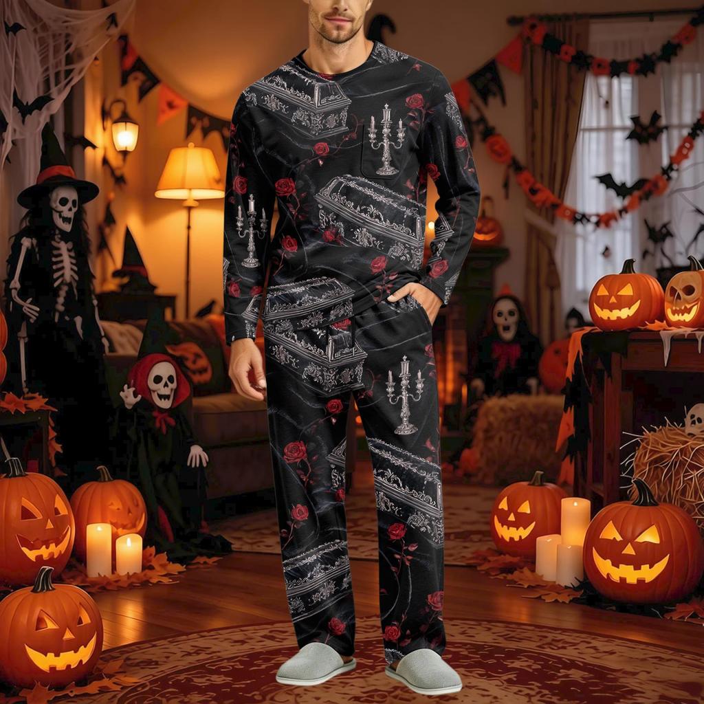 Men's Halloween Pajama Set Long Sleeve Long Pants with Crotch Buttons and Elastic Drawstring Waist