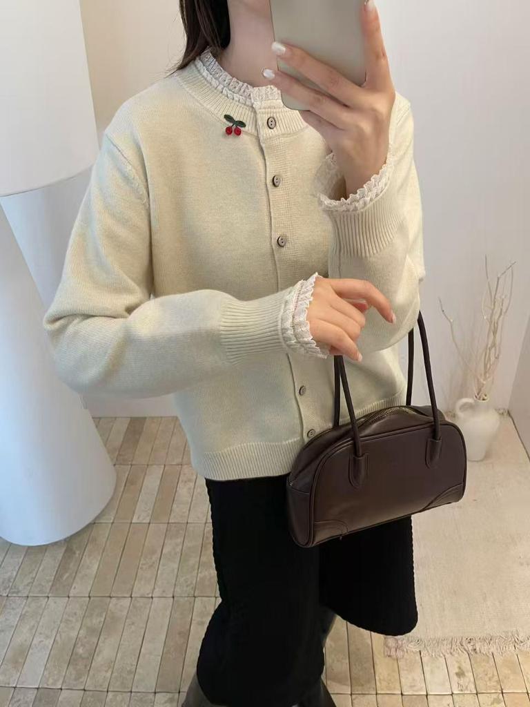 Winter Forest Style Lace Trim Knit Cardigan with 3D Flowers for Women
