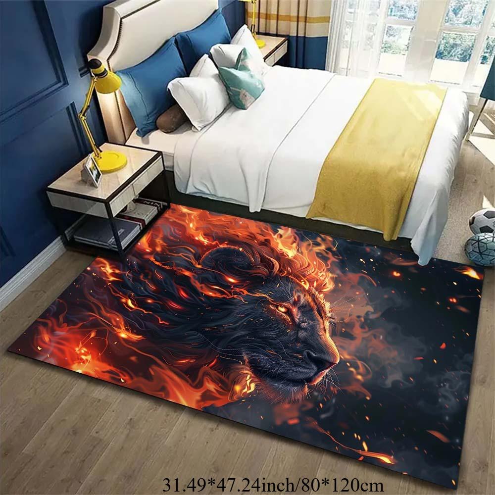 Flannel Printed Fire Wolf Rug Fantasy Animal Design Living Room Carpet Soft Fleece Floor Mat Modern Home Decor Unique Area Rugs