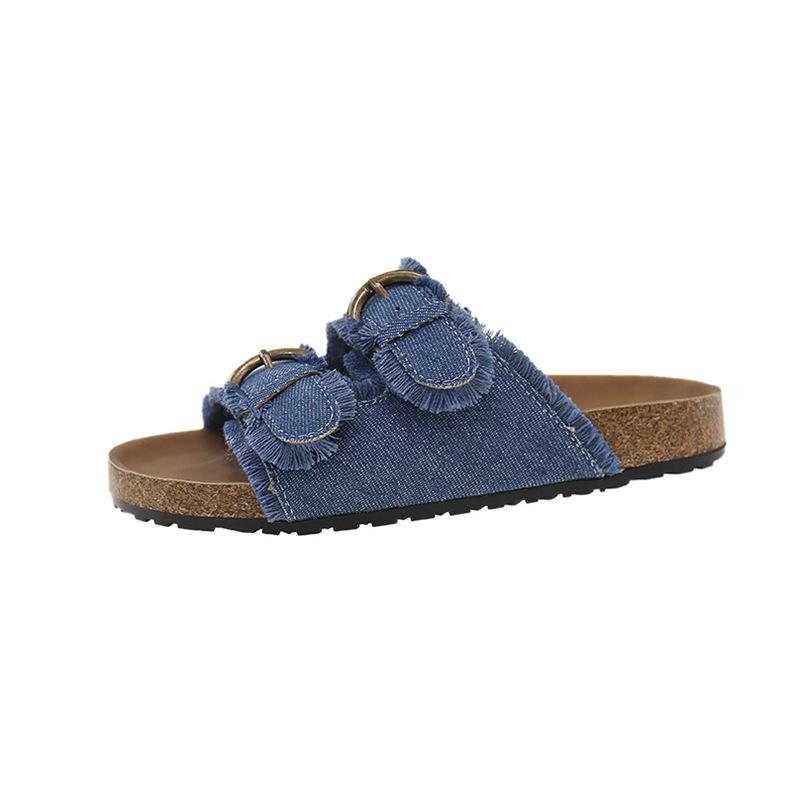 Foreign trade large size flat-bottomed cool slippers for women 2025 summer new European and American retro denim thick-bottomed cool slippers for wom