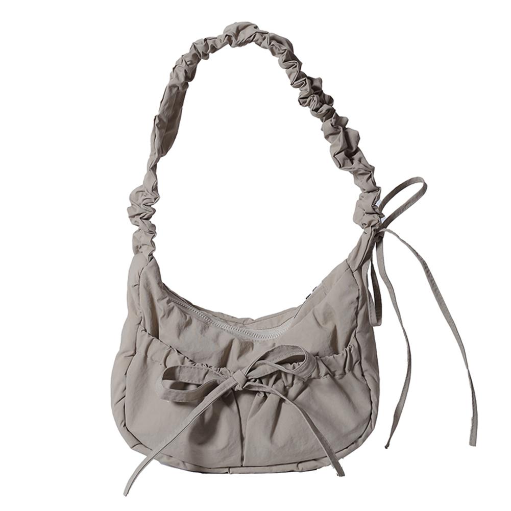 Women Casual Underarm Bag with Ruched Drawstring Strap Bow Leisure Satchel Bag Solid Color Cute Sling Bag Female Daily Handbag