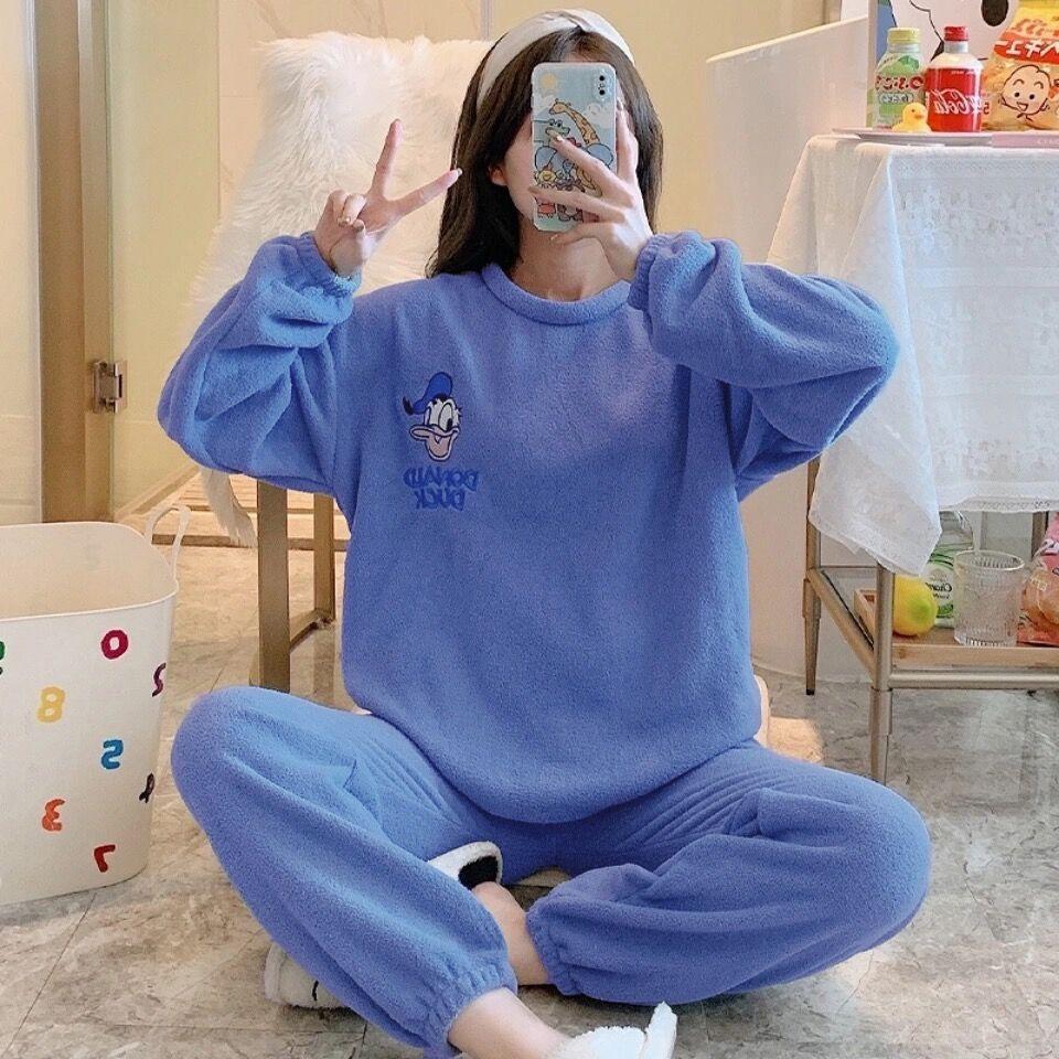 Women's Long-Sleeve Flannel Pajamas - Cute Cartoon Coral Fleece Set for Fall & Winter