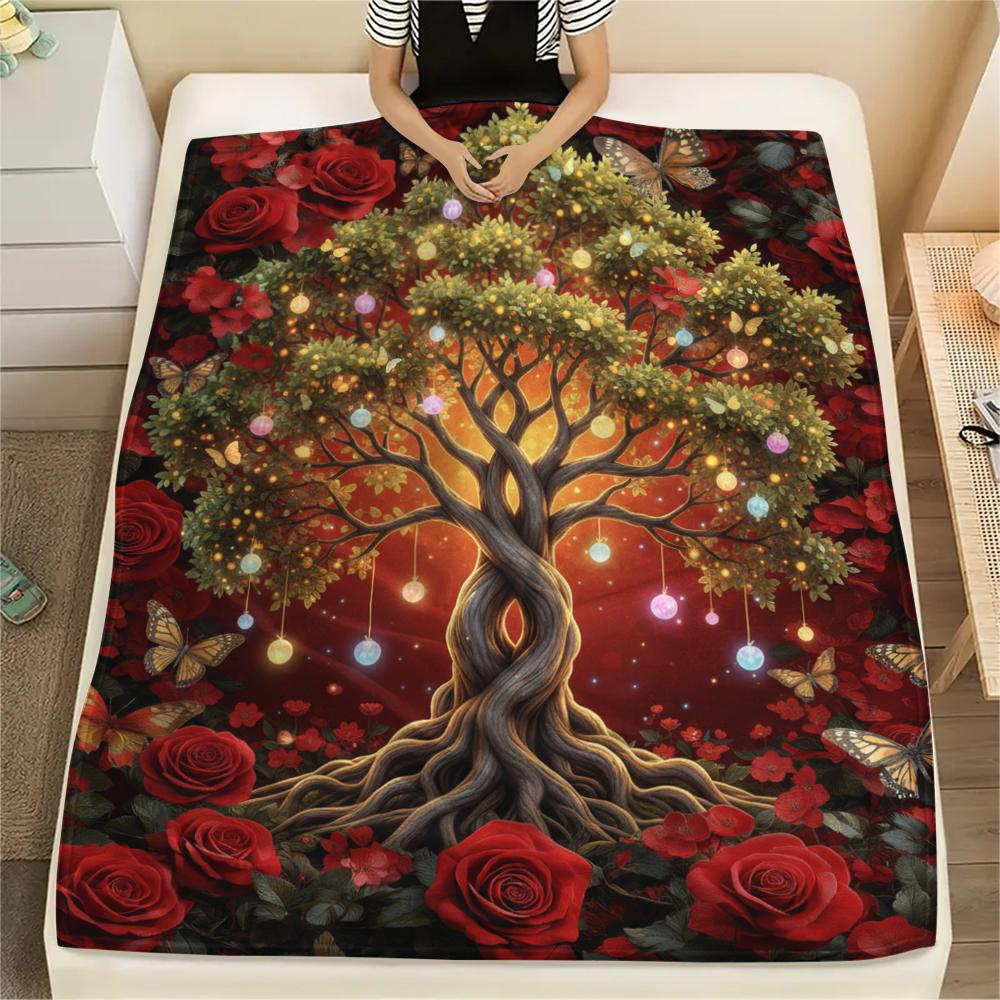1PC Tree of Life Print Flannel Blanket, High quality All Seasons, Home Decor, Warmth and Comfort, Perfect for Christmas Gifts