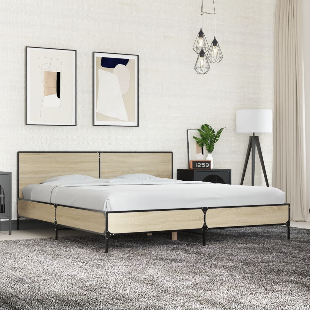 Bed Frame In Sonoma Oak Finish 200 X 200 Cm Made of Engineered Wood and Metal