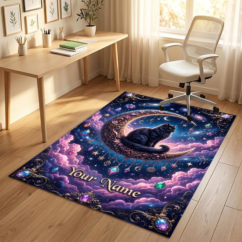 Celestial Cat Theme Soft Crystal Velvet Rug Custom Name & Text Print Non Slip Floor Rug for Bedroom Living Room