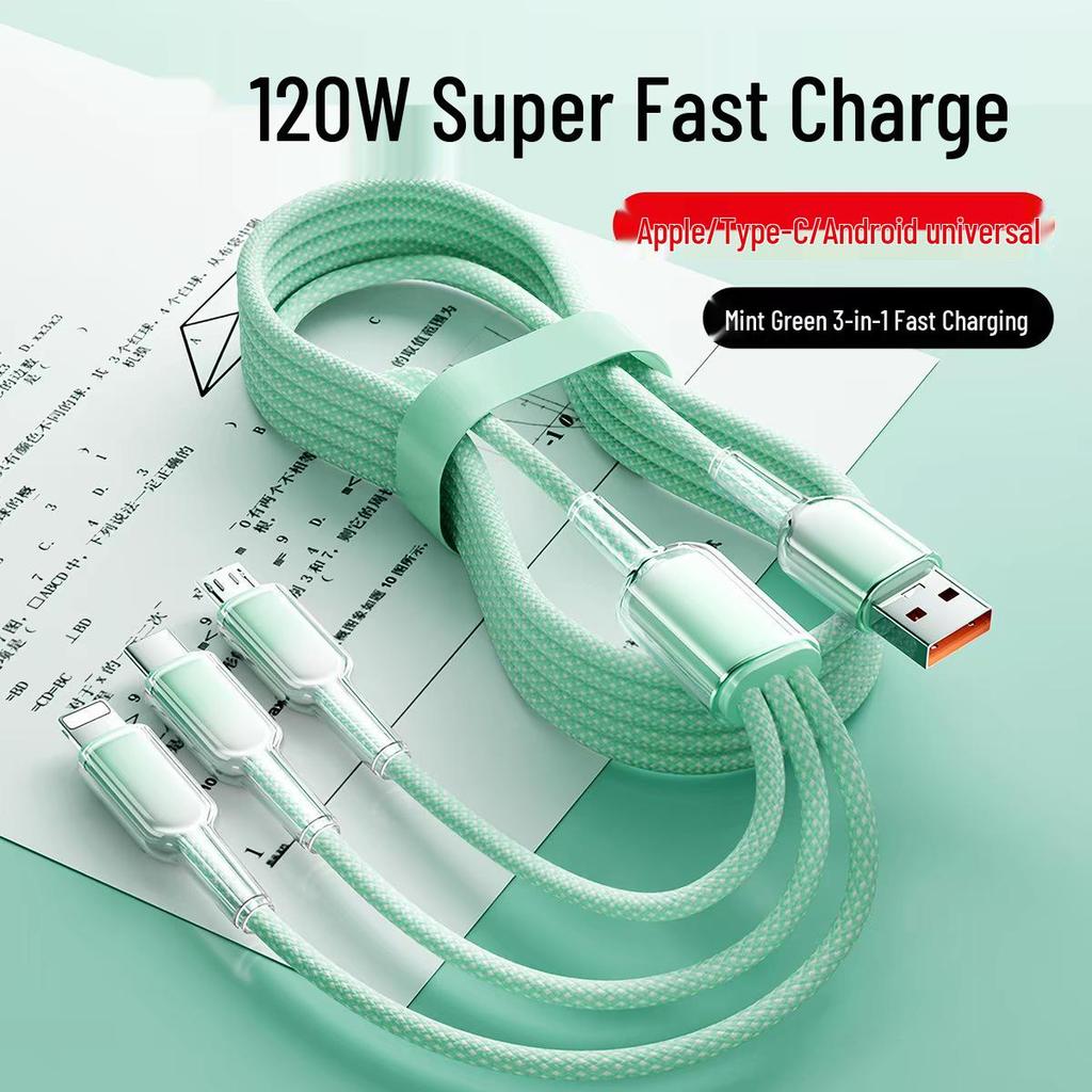 120W Ice Crystal Gradient 3-in-1 Braided Fast Charging Cable for Huawei, Apple, and Android Devices