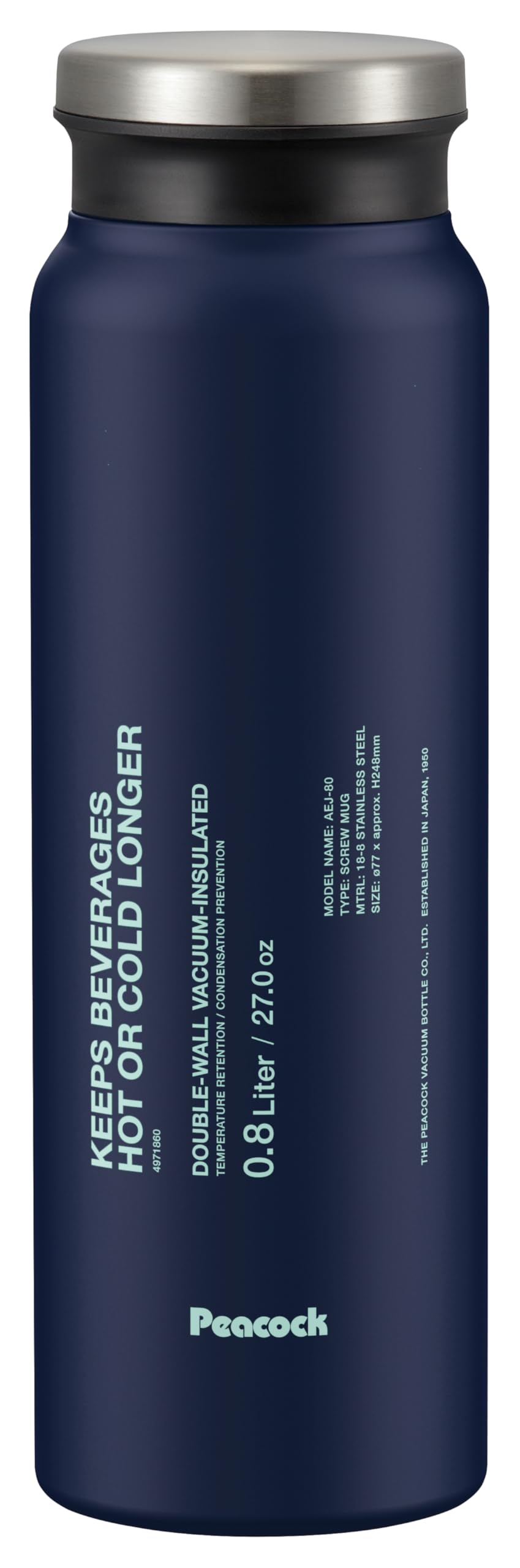 

The-peacock Thermos Industry (The-peacock) Peacock Water Bottle Mug Bottle 800ml Insulated Screw Top Stainless Steel Thermos 0.8L Dark Navy AEJ-80 AK