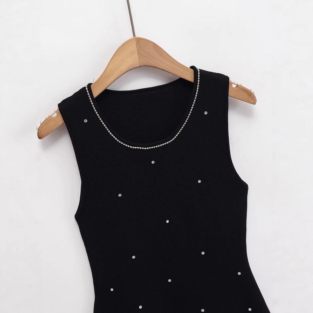 2025 Autumn French Chic Sleeveless Knit Dress with Studs and Rhinestones
