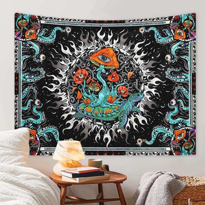 1pc Bohemian Burning Sun Mushroom Octopus Tapestry, Psychedelic Eye Marine Creature Tapestry