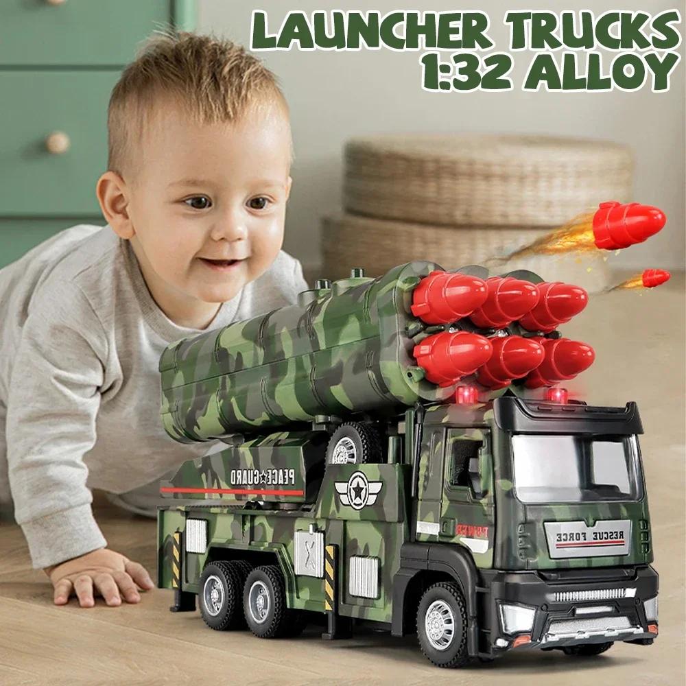 Alloy Truck Model 1/32 Rocket Launcher Trucks Metal Diecasts Model Toy Vehicle Sound and Light Pull Back Car Toys for Boys