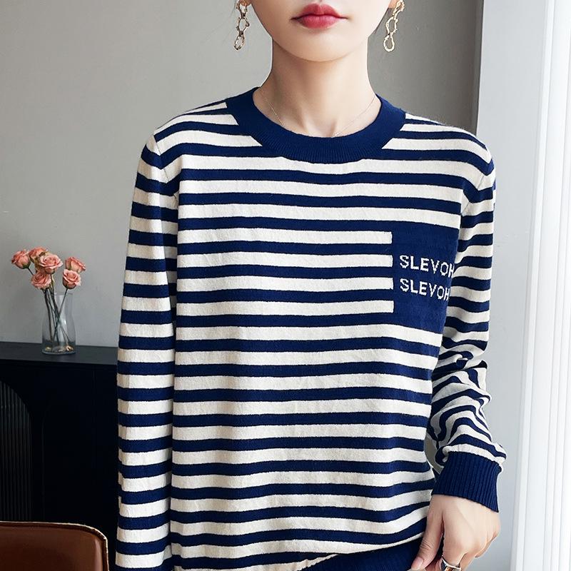 

Andy Velvet Women s Color Block Striped Long Sleeve Knit Top with Fake Pocket - Retro Autumn/Winter Style Large темно-синий