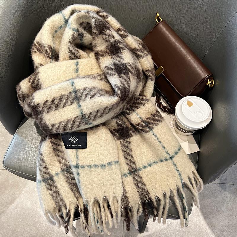 Korean Version Mohair Thickened Autumn and Winter Scarf Women's Versatile Atmosphere New Plaid Lazy Wind Warm Scarf