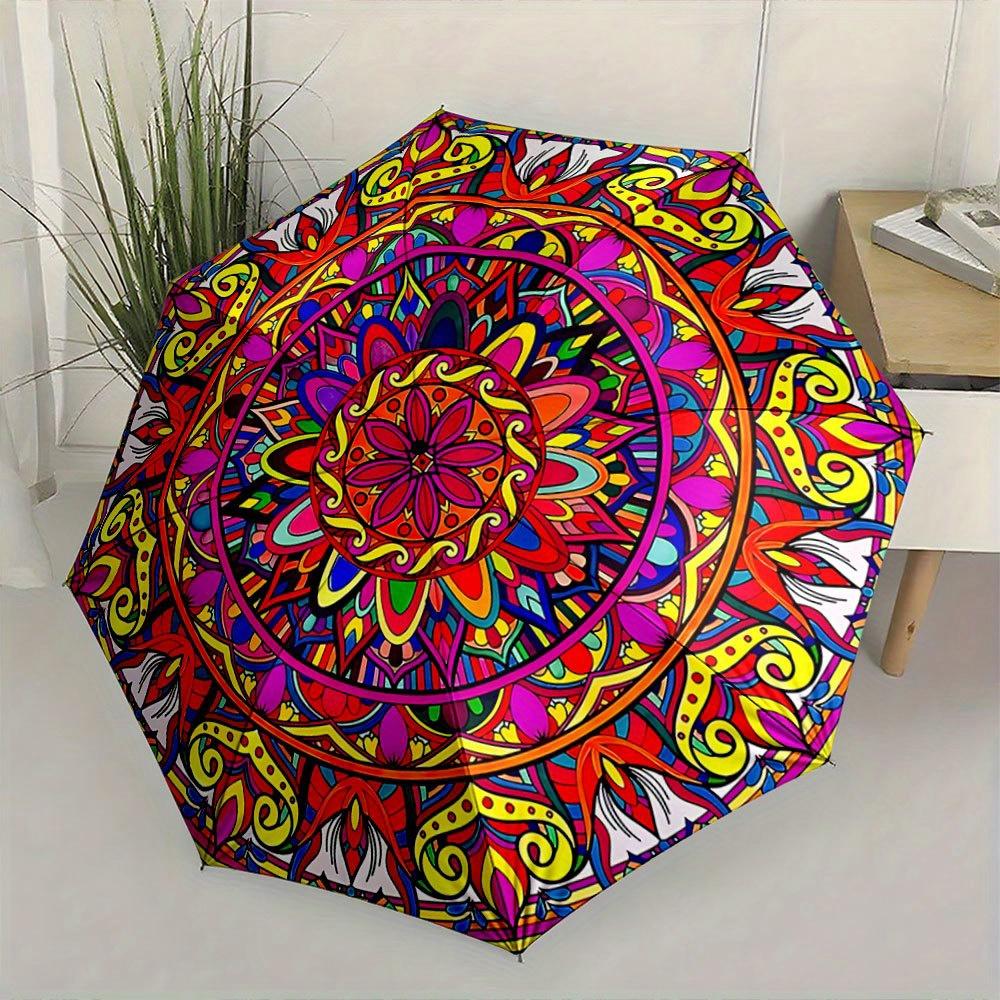 Automatischer Klappschirm Der Schirm verfügt über ein farbenfrohes Mandala-Muster. Tragbares faltbares Design, lässiges Outdoor-Access