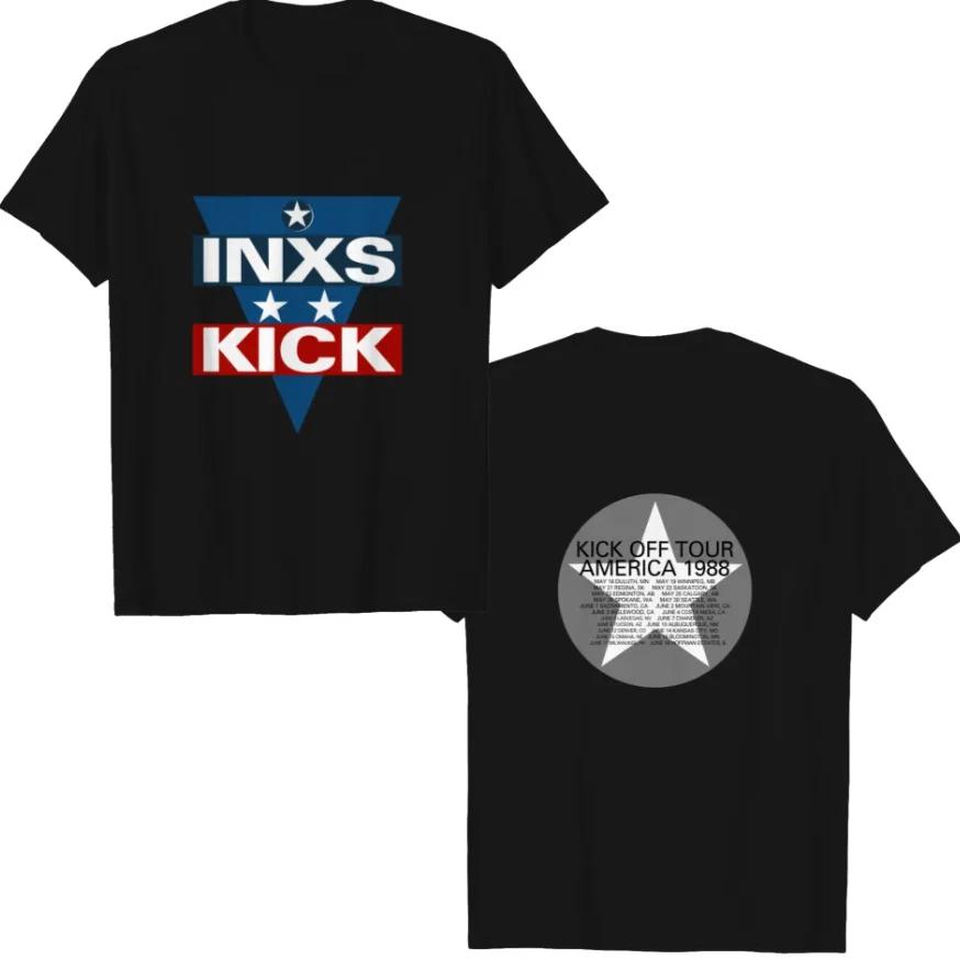 

100% хлопок ТОПЫ УНИСЕКС ФУТБОЛКИ МУЖСКИЕ ЖЕНСКИЕ INXS Kick Off America Tour 1988 Звездная группа Рок-концерт Футболка XL чёрный