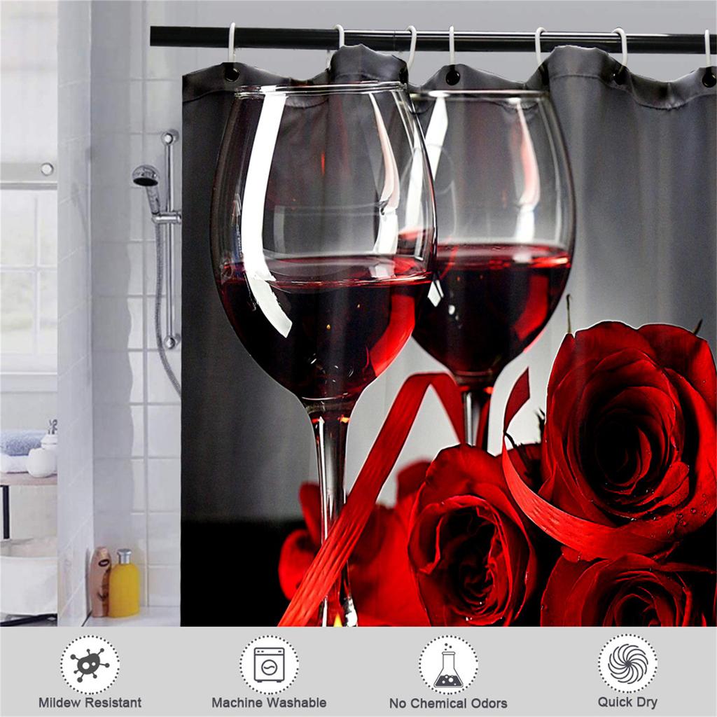 Waterproof Shower Curtain with Romantic Wine Glasses and Roses Print 180x180cm Bathroom Decor Fabric Shower Curtain