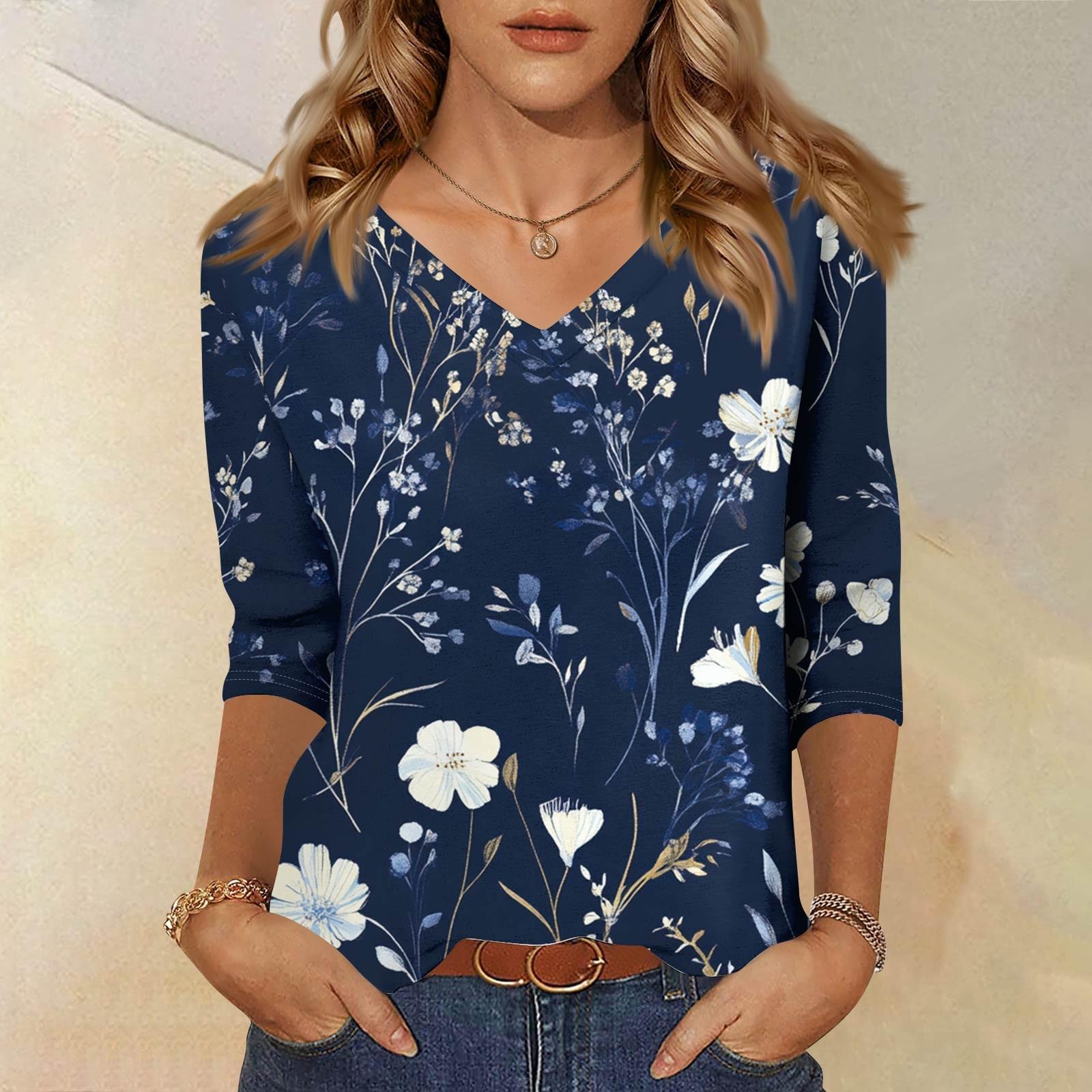 

Женские топы, рубашка с рукавом три четверти, свободная повседневная рубашка с V-образным вырезом, футболка с цветочным принтом XXXL