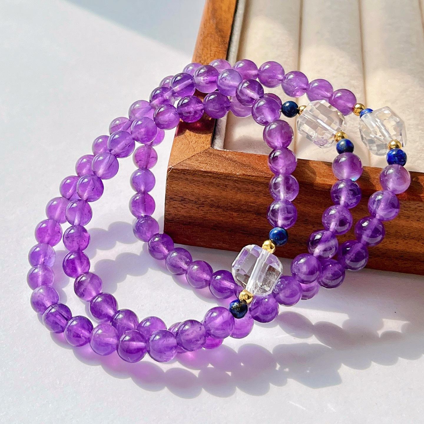 6Mm Natural Amethyst White Crystal Lapis Lazuli Design Bracelet Bracelet.