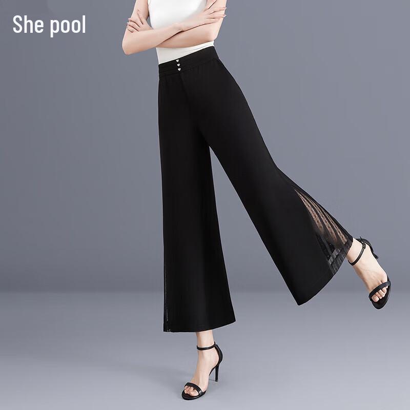 

Women s High Waist Mesh Splicing Wide Leg Cropped Pants M
