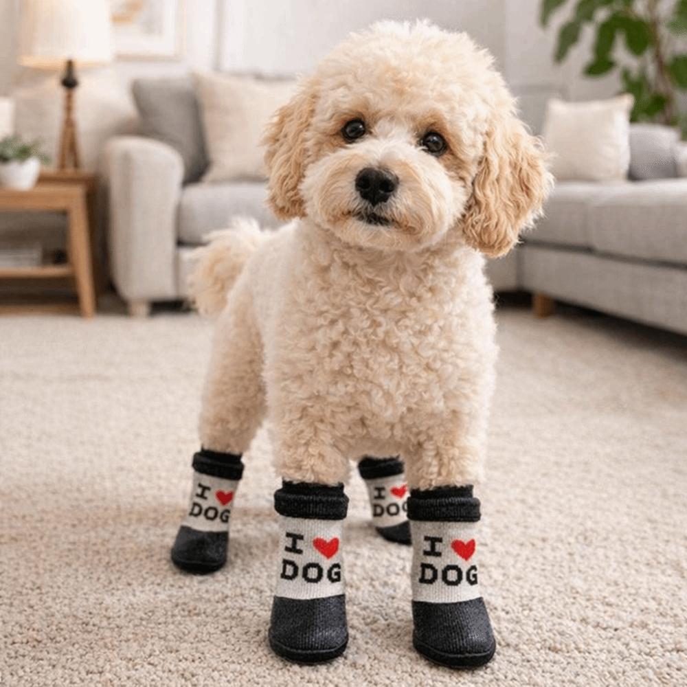 4 Pieces/set Puppy Boots Waterproof Pet Socks Booties Warm Soft Sole Dog Foot Covers Anti-Slip Adjustable Dog Knit Socks Walking