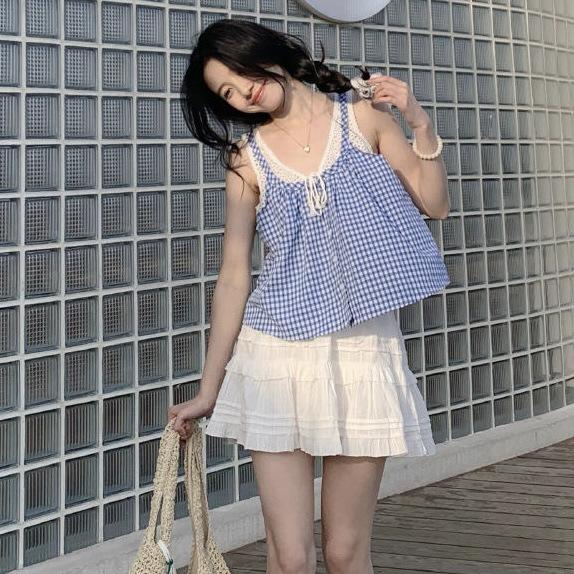 Korean sweet lace sleeveless lace plaid vest women's summer new loose lace-up fake two-piece suspender top