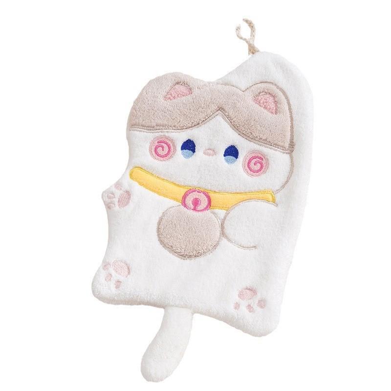 Cartoon Lucky Cat Coral Fleece Hand Towel for Kids - Thick & Hanging Type for Kitchen/Bathroom