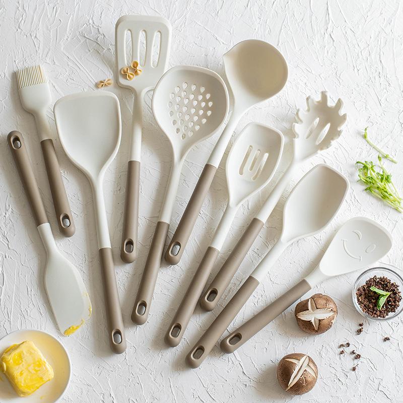 Heat-Resistant Silicone Kitchenware Set: Spatula, Soup Ladle, Slotted Spoon, Rice Spoon, Frying Pan Scraper, Oil Brush, and Flour Grabber.
