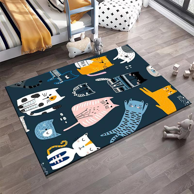 Colorful Cartoon Cat Pattern Carpet with Whimsical Feline Designs in Dark Blue Background Suitable for use as an anti-slip1 for1room and bedroom sofas