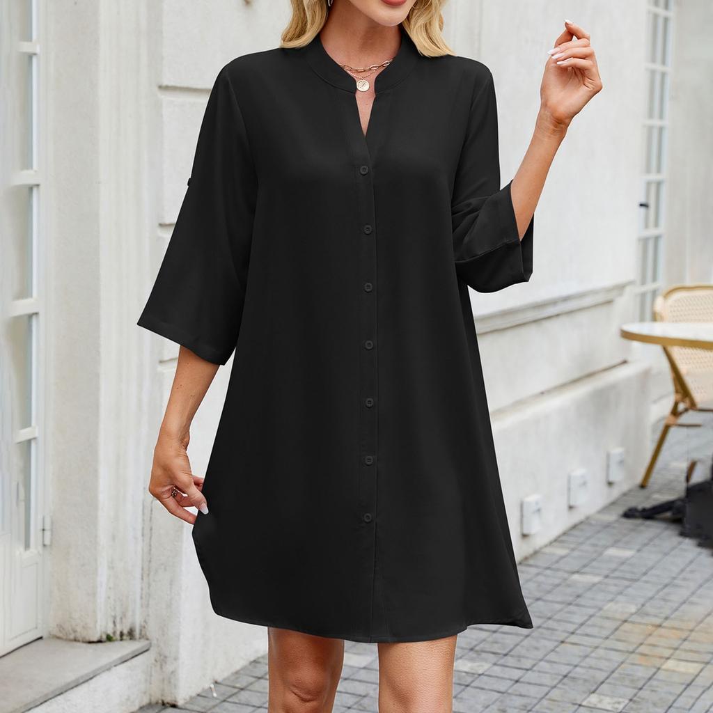 Women's Casual Solid Color Waist Cinched V-neck Dress