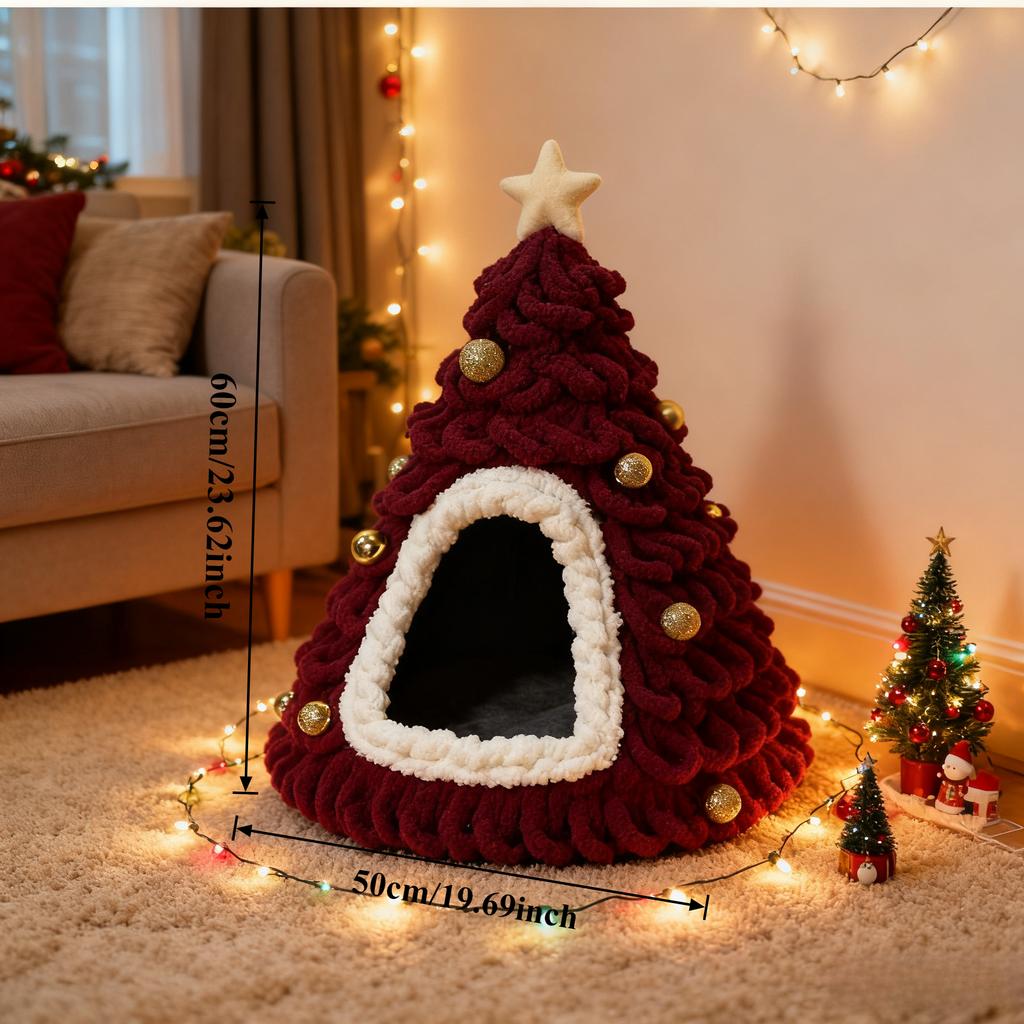 Handmade Christmas Tree House, Winter Warmth Indoor Bed with Random Decorations - No Included -Perfect Gift for S and Small Dogs