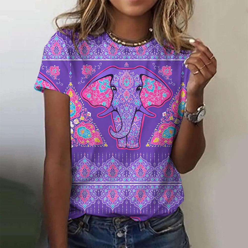 Female ethnic elephant 3D printed T-shirt, retro animal printed T-shirt, round neck casual summer T-shirt, loose short sleeved T-shirt