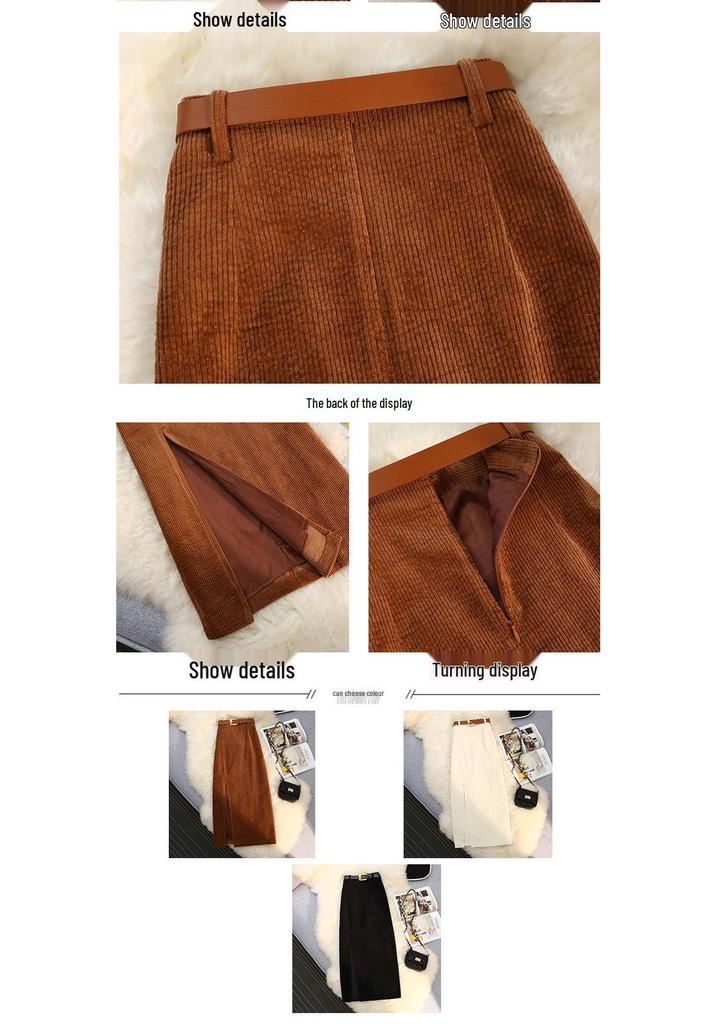 Hong Kong Style High-Waist Corduroy Split Midi A-Line Skirt with Belt for Women - Autumn/Winter