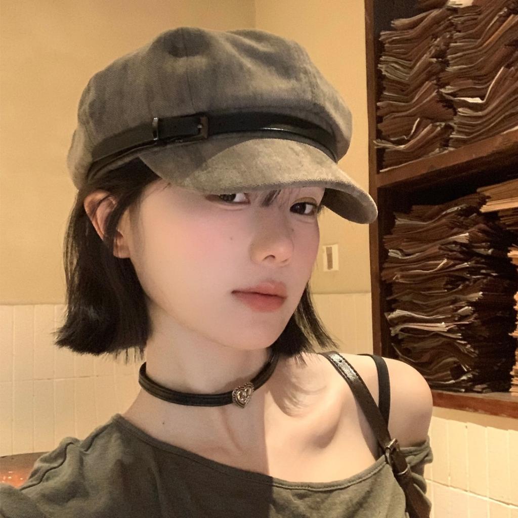 Japanese Retro Belt Buckle Suede Beret Women's Literary and Artistic Versatile Big Head Circumference Showing Face Small Cloud Painter Hat Trendy