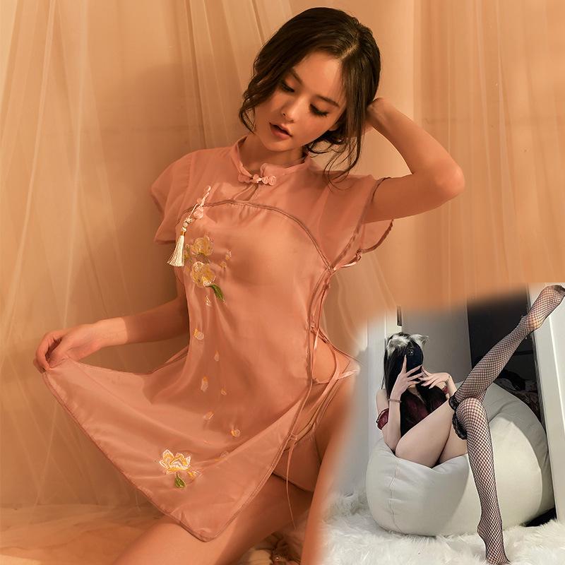 Sex Underwear Passion Perspective Temptation Classical Stand-up Collar Cheongsam Retro Embroidery Split Fork Sexy Hollow Pajamas