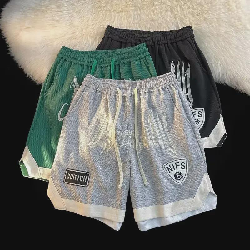 Herrsommar Hip-Hop Kontrastfärg Basketshorts med Broderade Bokstäver