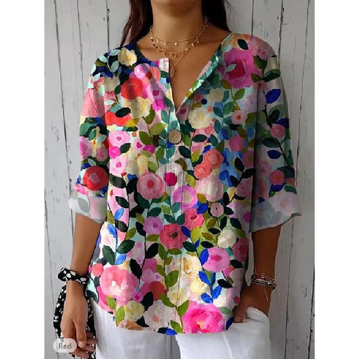 2026 New Women s Spring and Autumn Printed Loose V-neck Casual Top T-shirt S