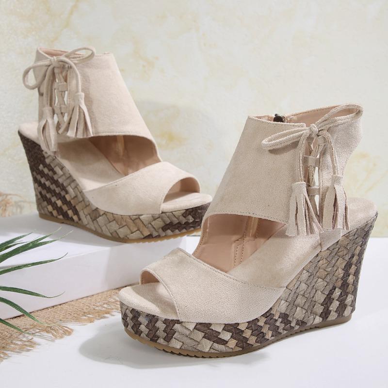 Large Size Wedge Heel Sandals Women's Spring and Summer Fringed High Heel Fish Mouth Platform Women's Shoes Muffin Sole Shoes