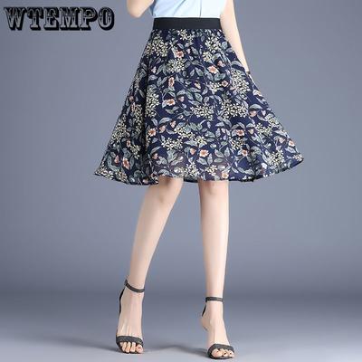 Chiffon Midi Skirt for Women Summer High Waist Slimming and Casual A-line Floral Skirt