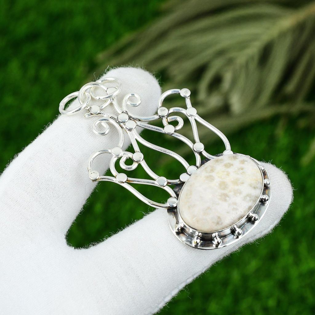 Mothers Day Deal Root Chakra Natural Fossil Coral Sterling Silver Bezel Pendant