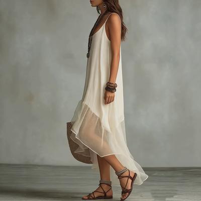 Women Sleeveless V Neck Asymmetric Hem Maxi Dress Solid Color Casual Loose Fit Summer Beach Dress